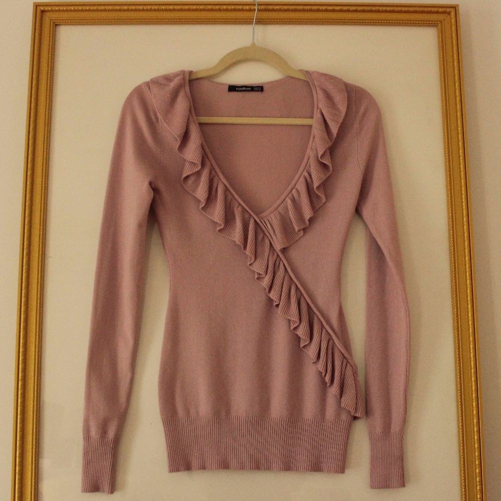 PattyBoutik Faux Wrap V-Neck Ruffle Sweater